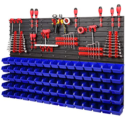Lagersystem Wandregal XXL 1158 x 780 mm - Extra Starke Werkzeugwand mit Stapelboxen – 111 tlg. - Rot Werkzeughalter + Blau Boxen von PAFEN