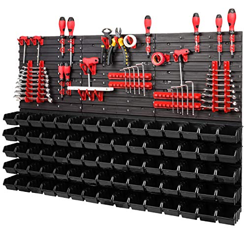 Lagersystem Wandregal XXL 1158 x 780 mm - Extra Starke Werkzeugwand mit Stapelboxen – 111 tlg. - Rot Werkzeughalter + Schwarz Boxen von PAFEN