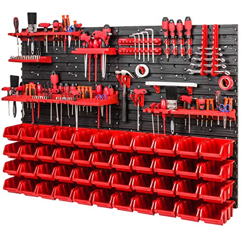 PAFEN Lagersystem Werkstattregal - 1152 mm x 780 mm - Wandregal mit 44 Stück Rot Stapelboxen und Werkzeughalter - Schüttenregal Wandplatten Extra Starke System von PAFEN