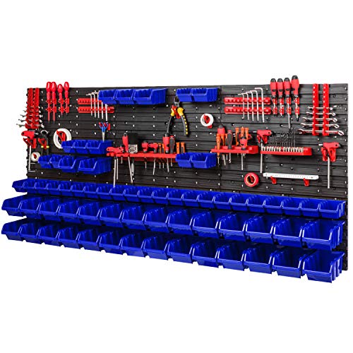 PAFEN Lagersystem Werkstattregal 1728 x 780 mm - Wandregal mit Werkzeughalterung und 64 Blau Stapelboxen - Wandplatten Schüttenrega von PAFEN