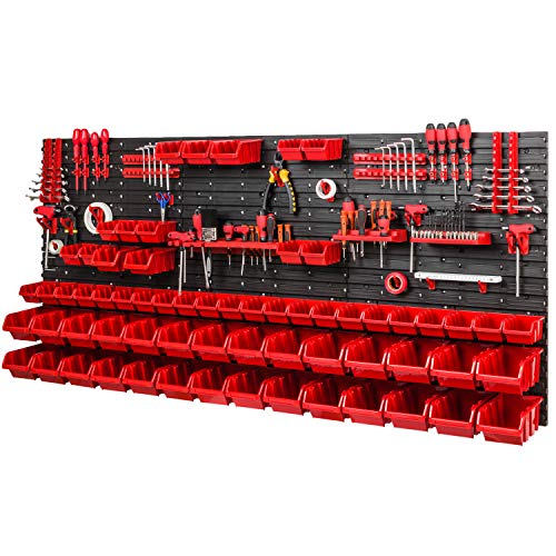 PAFEN Lagersystem Werkstattregal 1728 x 780 mm - Wandregal mit Werkzeughalterung und 64 Rot Stapelboxen - Wandplatten Schüttenrega von PAFEN