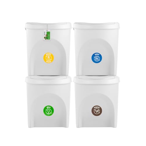 Mülleimer SET Mülltrennsystem 4x25L – Abfalleimer Set mit Deckel und farbigen Aufklebern Recycling Behälter für Küche Büro und Haushalt, Eschenweiß von PAFEN