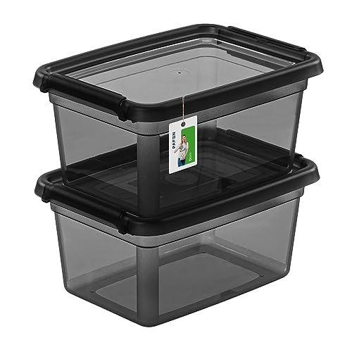 PAFEN 2X Aufbewahrungsbox mit Deckel 1,5L – 19,5 x 14 x 9,5 cm - Boxen Aufbewahrung Stapelboxen mit Verschlussclips Kunststoffbehälter Kleiderboxen Transparent Organizer | Schwarz von PAFEN
