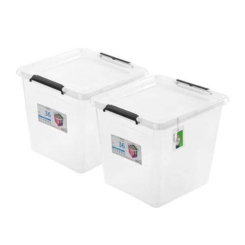 PAFEN 2X Aufbewahrungsbox mit Deckel 36,0L - 39 x 39 x 35 cm - SET Aufbewahrungsbehälter Transparent Boxen Aufbewahrung Stapelboxen mit Verschlussclips Kunststoffbehälter von PAFEN