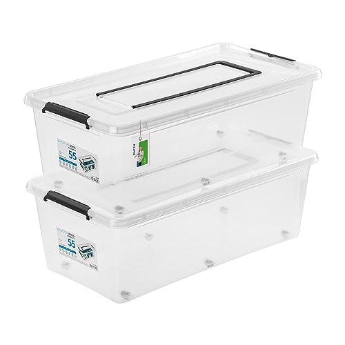 PAFEN 2x Aufbewahrungsbox 55L mit Rollen und Griff - 38,5 x 25 x 75,5 cm - Transparent Boxen Aufbewahrung Stapelboxen mit Verschlussclips Kunststoffbehälter von PAFEN