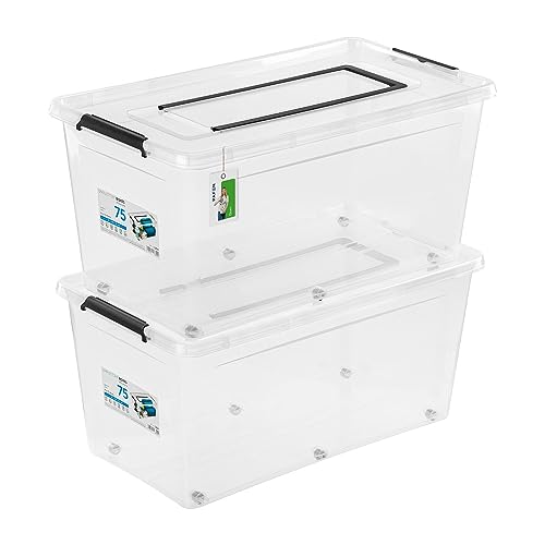 PAFEN 2x Aufbewahrungsbox 75L mit Rollen und Griff - 39 x 35 x 76 cm - Transparent Boxen Aufbewahrung Stapelboxen mit Verschlussclips Kunststoffbehälter von PAFEN