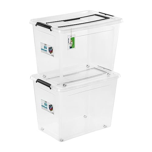 PAFEN 2x Aufbewahrungsbox 80L mit Rollen und Griff - 39 x 43 x 58 cm - Transparent Boxen Aufbewahrung Stapelboxen mit Verschlussclips Kunststoffbehälter von PAFEN