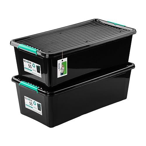 PAFEN 2x Aufbewahrungsbox auf Rädern Öko-Linie 55L - 76,5 x 39,5 x 25,5 cm - Boxen Aufbewahrung Stapelboxen mit Verschlussclips Kunststoffbehälter Kleiderboxen Organizer | Schwarz von PAFEN