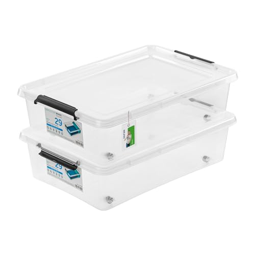 PAFEN 2x Aufbewahrungsbox auf Rollen 29,0L – 58 x 39 x 16 cm - SET Aufbewahrungsbehälter Transparent Boxen Aufbewahrung Stapelboxen mit Verschlussclips Kunststoffbehälter von PAFEN