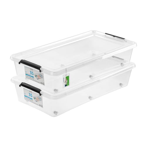 PAFEN 2x Aufbewahrungsbox auf Rollen 35,0L – 76 x 39 x 16 cm - SET Aufbewahrungsbehälter Transparent Boxen Aufbewahrung Stapelboxen mit Verschlussclips Kunststoffbehälter von PAFEN