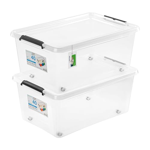 PAFEN 2x Aufbewahrungsbox auf Rollen 40,0L – 58 x 39 x 25 cm - SET Aufbewahrungsbehälter Transparent Boxen Aufbewahrung Stapelboxen mit Verschlussclips Kunststoffbehälter von PAFEN