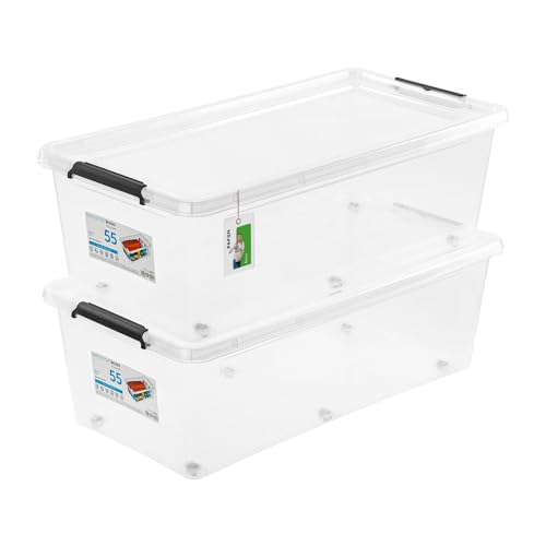 PAFEN 2x Aufbewahrungsbox auf Rollen 55,0L – 76 x 39 x 25 cm - SET Aufbewahrungsbehälter Transparent Boxen Aufbewahrung Stapelboxen mit Verschlussclips Kunststoffbehälter von PAFEN