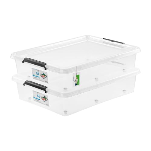 PAFEN 2x Aufbewahrungsbox auf Rollen 61,0L – 76 x 57 x 18 cm - SET Aufbewahrungsbehälter Transparent Boxen Aufbewahrung Stapelboxen mit Verschlussclips Kunststoffbehälter von PAFEN