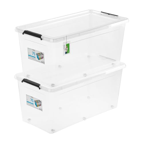 PAFEN 2x Aufbewahrungsbox auf Rollen 75,0L – 76 x 39 x 35 cm - SET Aufbewahrungsbehälter Transparent Boxen Aufbewahrung Stapelboxen mit Verschlussclips Kunststoffbehälter von PAFEN