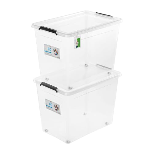 PAFEN 2x Aufbewahrungsbox auf Rollen 80,0L – 58 x 39 x 42 cm - SET Aufbewahrungsbehälter Transparent Boxen Aufbewahrung Stapelboxen mit Verschlussclips Kunststoffbehälter von PAFEN