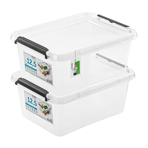 PAFEN 2x Aufbewahrungsbox mit Deckel 12,5L - 39 x 29 x 16,5 cm - SET Aufbewahrungsbehälter Transparent Boxen Aufbewahrung Stapelboxen mit Verschlussclips Kunststoffbehälter von PAFEN