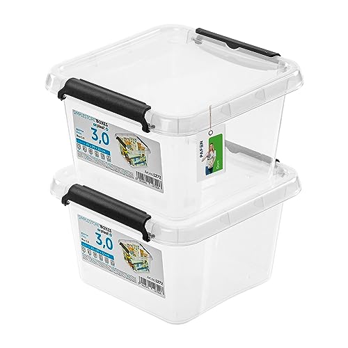 PAFEN 2x Aufbewahrungsbox mit Deckel 3,0L - 20 x 20 x 12 cm - SET Aufbewahrungsbehälter Transparent Boxen Aufbewahrung Stapelboxen mit Verschlussclips Kunststoffbehälter von PAFEN