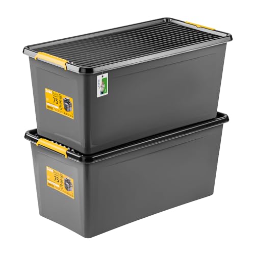 PAFEN 2x Robuster Aufbewahrungsbox 75L mit Rollen - 76 x 39 x 35 cm - Behälter für besondere Aufgaben Aufbewahrungsbehälter Boxen Aufbewahrung Stapelboxen mit Verschlussclips Kunststoffbehälter von PAFEN