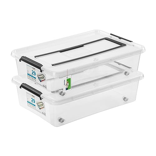 PAFEN 2x Unterbettkommode Aufbewahrungsbox 29L mit Rollen und Griff - 38,5 x 16 x 57,5 cm - Transparent Boxen Aufbewahrung Stapelboxen mit Verschlussclips Kunststoffbehälter von PAFEN