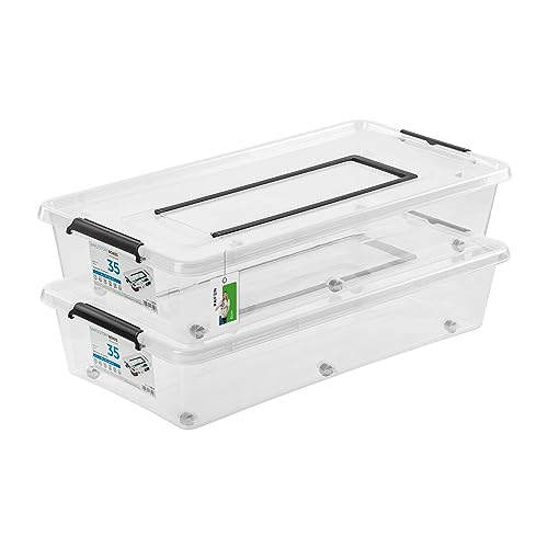 PAFEN 2x Unterbettkommode Aufbewahrungsbox 35L mit Rollen und Griff - 38,5 x 16 x 75,5 cm - Transparent Boxen Aufbewahrung Stapelboxen mit Verschlussclips Kunststoffbehälter von PAFEN