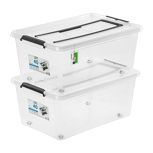 PAFEN 2x Unterbettkommode Aufbewahrungsbox 40L mit Rollen und Griff - 38,5 x 25 x 58 cm - Transparent Boxen Aufbewahrung Stapelboxen mit Verschlussclips Kunststoffbehälter von PAFEN