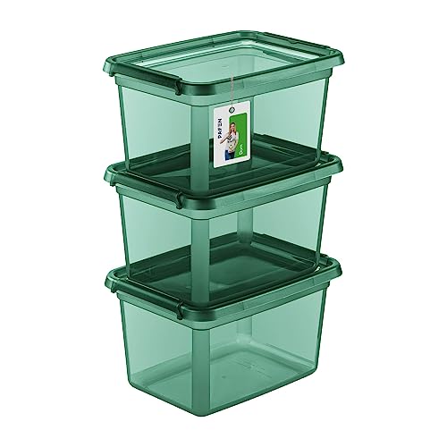 PAFEN 3X Aufbewahrungsbox mit Deckel 15L - 38 x 28,5 x 22 cm - Boxen Aufbewahrung Stapelboxen mit Verschlussclips Kunststoffbehälter Kleiderboxen Transparent Organizer | Grün von PAFEN