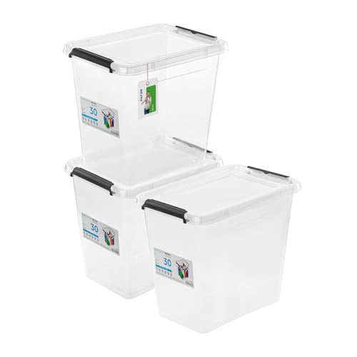 PAFEN 3X Aufbewahrungsbox mit Deckel 30,0L - 39 x 29 x 35 cm - SET Aufbewahrungsbehälter Transparent Boxen Aufbewahrung Stapelboxen mit Verschlussclips Kunststoffbehälter von PAFEN