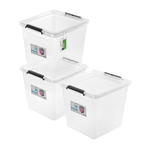 PAFEN 3X Aufbewahrungsbox mit Deckel 36,0L - 39 x 39 x 35 cm - SET Aufbewahrungsbehälter Transparent Boxen Aufbewahrung Stapelboxen mit Verschlussclips Kunststoffbehälter von PAFEN