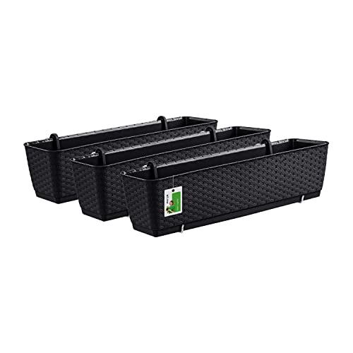 PAFEN 3X Blumenkasten Blumentopf 10L mit Halterungen - 585 x 145 x 155 mm - Rattan-Optik Pflanztopf Balkonkasten Pflanzkästen Befestigungshaken, Anthrazit von PAFEN