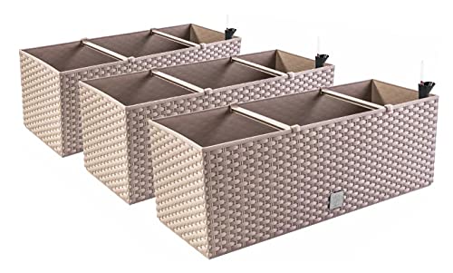 PAFEN 3X Blumenkasten Blumentopf Rattan-Optik - 60 x 25 x 24 cm - Pflanztopf Bewässerungssystem Balkonkasten Pflanzkästen, Mocca von PAFEN