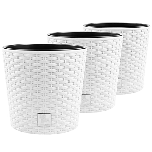 PAFEN 3X Blumentopf RATTO Rattan-Optik Kunststoff Topf Blumenkübel inkl. Einsatz Übertopf Weiß ⌀25cm von PAFEN