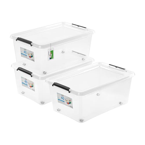 PAFEN 3x Aufbewahrungsbox auf Rollen 40,0L – 58 x 39 x 25 cm - SET Aufbewahrungsbehälter Transparent Boxen Aufbewahrung Stapelboxen mit Verschlussclips Kunststoffbehälter von PAFEN
