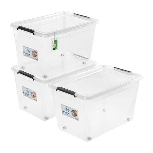 PAFEN 3x Aufbewahrungsbox auf Rollen 60,0L – 58 x 39 x 35 cm - SET Aufbewahrungsbehälter Transparent Boxen Aufbewahrung Stapelboxen mit Verschlussclips Kunststoffbehälter von PAFEN