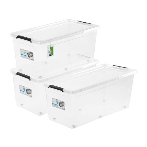 PAFEN 3x Aufbewahrungsbox auf Rollen 75,0L – 76 x 39 x 35 cm - SET Aufbewahrungsbehälter Transparent Boxen Aufbewahrung Stapelboxen mit Verschlussclips Kunststoffbehälter von PAFEN