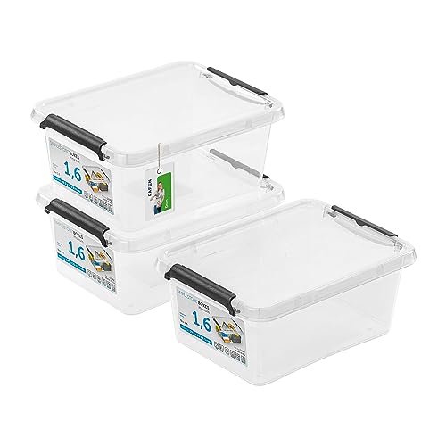 PAFEN 3x Aufbewahrungsbox mit Deckel 1,6L - 19,5 x 15 x 8,5 cm - SET Aufbewahrungsbehälter Transparent Boxen Aufbewahrung Stapelboxen mit Verschlussclips Kunststoffbehälter von PAFEN