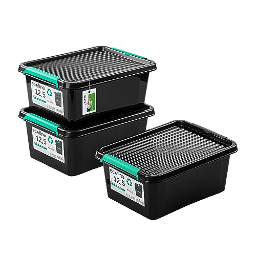 PAFEN 3x Aufbewahrungsbox mit Deckel Öko-Linie 12,5L - 40 x 30 x 16,5 cm - Boxen Aufbewahrung Stapelboxen mit Verschlussclips Kunststoffbehälter Kleiderboxen Organizer | Schwarz von PAFEN