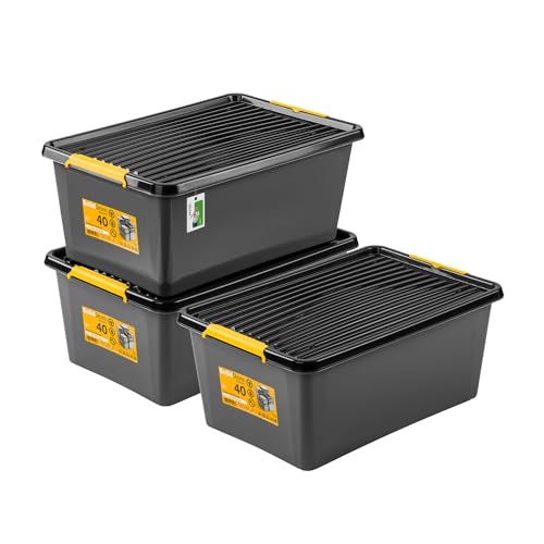 PAFEN 3x Robuster Aufbewahrungsbox 40L mit Rollen - 58 x 39 x 25 cm - Behälter für besondere Aufgaben Aufbewahrungsbehälter Boxen Aufbewahrung Stapelboxen mit Verschlussclips Kunststoffbehälter von PAFEN