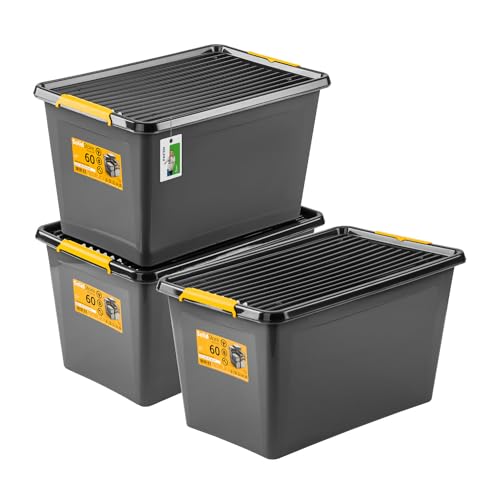 PAFEN 3x Robuster Aufbewahrungsbox 55L mit Rollen - 58 x 39 x 35 cm - Behälter für besondere Aufgaben Aufbewahrungsbehälter Boxen Aufbewahrung Stapelboxen mit Verschlussclips Kunststoffbehälter von PAFEN