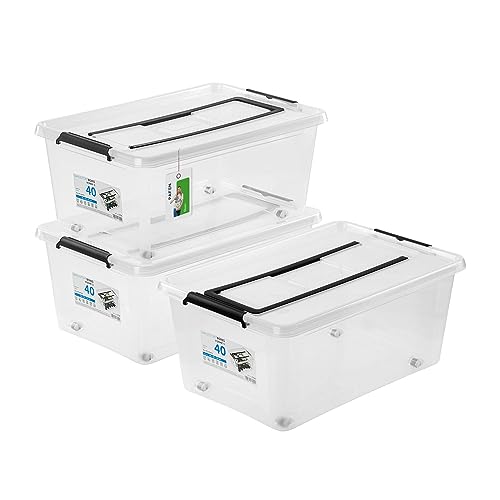 PAFEN 3x Unterbettkommode Aufbewahrungsbox 40L mit Rollen und Griff - 38,5 x 25 x 58 cm - Transparent Boxen Aufbewahrung Stapelboxen mit Verschlussclips Kunststoffbehälter von PAFEN