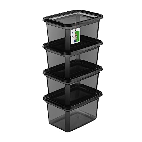 PAFEN 4X Aufbewahrungsbox mit Deckel 15L - 38 x 28,5 x 22 cm - Boxen Aufbewahrung Stapelboxen mit Verschlussclips Kunststoffbehälter Kleiderboxen Transparent Organizer | Schwarz von PAFEN