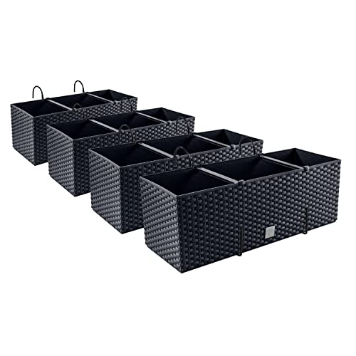 PAFEN 4X Blumenkasten Blumentopf Rattan-Optik mit Halterungen Pflanztopf Balkonkasten Pflanzkästen, Anthrazit von PAFEN