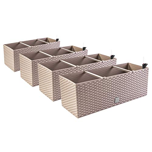 PAFEN 4in1 Set 4X Balkonkasten Blumenkasten Rattan-Optik 4 Farben Pflanztopf Wasserstandsanzeiger (Mocca) von PAFEN