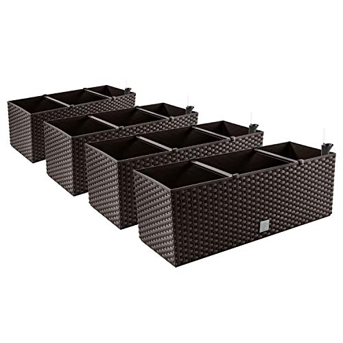 4in1 Set 4X Balkonkasten Blumenkasten Rattan-Optik 4 Farben Pflanztopf Wasserstandsanzeiger (Umbra) von PAFEN