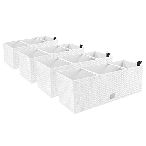 PAFEN 4in1 Set 4X Balkonkasten Blumenkasten Rattan-Optik 4 Farben Pflanztopf Wasserstandsanzeiger (Weiß) von PAFEN