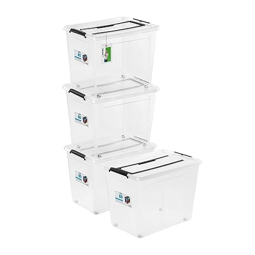 PAFEN 4x Aufbewahrungsbox 80L mit Rollen und Griff - 39 x 43 x 58 cm - Transparent Boxen Aufbewahrung Stapelboxen mit Verschlussclips Kunststoffbehälter von PAFEN