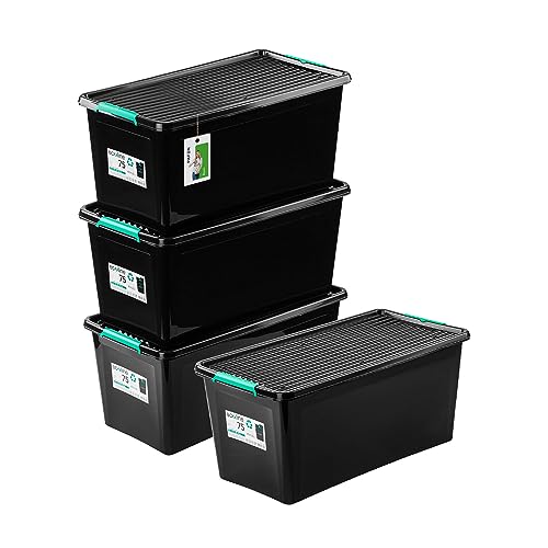 PAFEN 4x Aufbewahrungsbox auf Rädern Öko-Linie 75L - 76,5 x 39,5 x 36 cm - Boxen Aufbewahrung Stapelboxen mit Verschlussclips Kunststoffbehälter Kleiderboxen Organizer | Schwarz von PAFEN