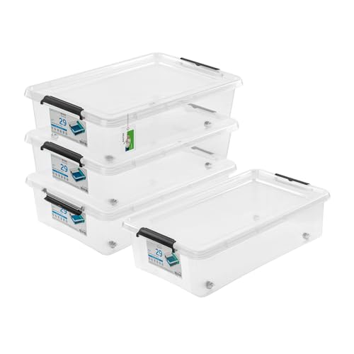 PAFEN 4x Aufbewahrungsbox auf Rollen 29,0L – 58 x 39 x 16 cm - SET Aufbewahrungsbehälter Transparent Boxen Aufbewahrung Stapelboxen mit Verschlussclips Kunststoffbehälter von PAFEN