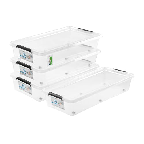 PAFEN 4x Aufbewahrungsbox auf Rollen 35,0L – 76 x 39 x 16 cm - SET Aufbewahrungsbehälter Transparent Boxen Aufbewahrung Stapelboxen mit Verschlussclips Kunststoffbehälter von PAFEN
