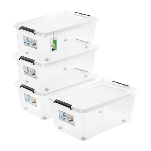 PAFEN 4x Aufbewahrungsbox auf Rollen 40,0L – 58 x 39 x 25 cm - SET Aufbewahrungsbehälter Transparent Boxen Aufbewahrung Stapelboxen mit Verschlussclips Kunststoffbehälter von PAFEN