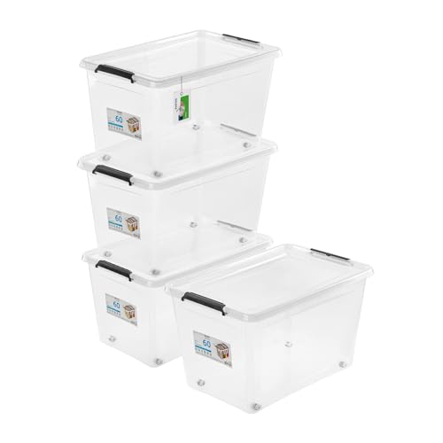 PAFEN 4x Aufbewahrungsbox auf Rollen 60,0L – 58 x 39 x 35 cm - SET Aufbewahrungsbehälter Transparent Boxen Aufbewahrung Stapelboxen mit Verschlussclips Kunststoffbehälter von PAFEN